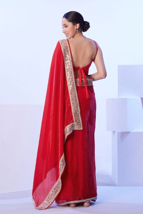 Passionate Red Satin Jimmy Choo Saree | Solid Designer Lace Party Wear Ensemble