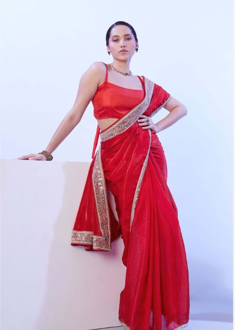 Passionate Red Satin Jimmy Choo Saree | Solid Designer Lace Party Wear Ensemble