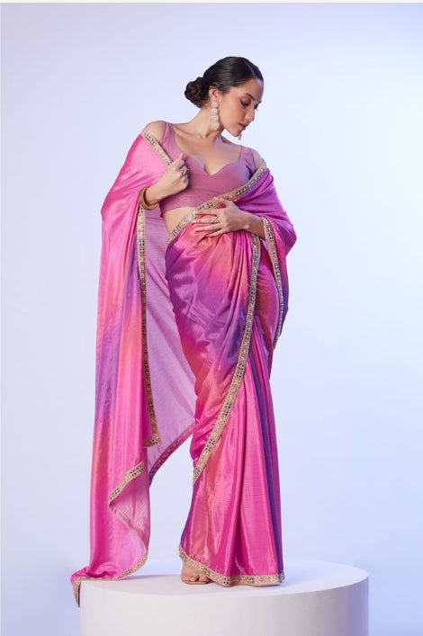 Regal Pink Chinon Saree | Matching Art Silk Blouse with Designer Lace Work