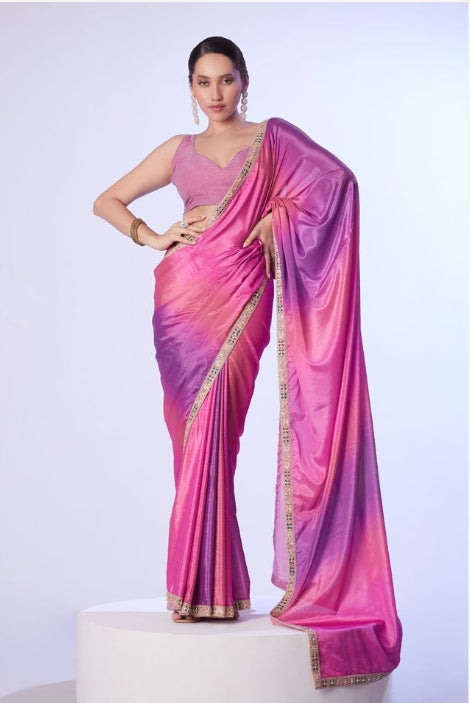 Regal Pink Chinon Saree | Matching Art Silk Blouse with Designer Lace Work