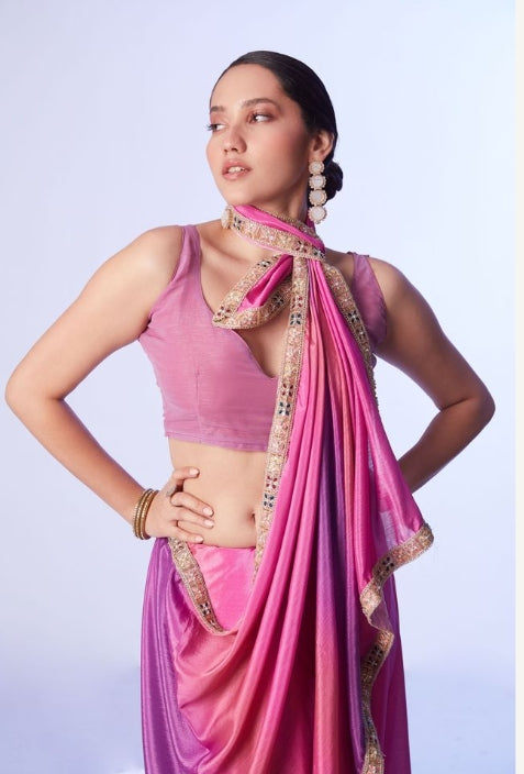 Regal Pink Chinon Saree | Matching Art Silk Blouse with Designer Lace Work