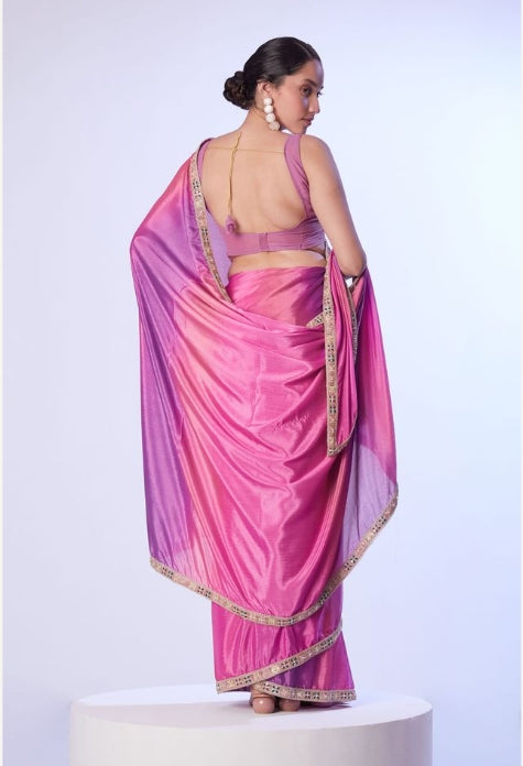 Regal Pink Chinon Saree | Matching Art Silk Blouse with Designer Lace Work