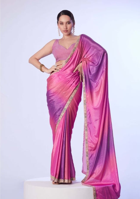Regal Pink Chinon Saree | Matching Art Silk Blouse with Designer Lace Work