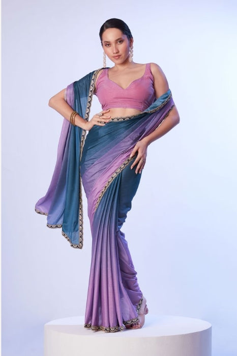 Enchanting Teal Blue Chinon Saree | Contrast Pink Art Silk Blouse with Lace Accents