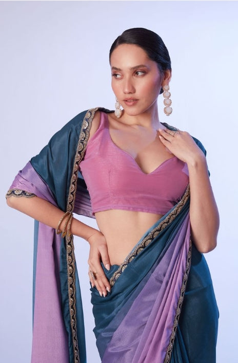 Enchanting Teal Blue Chinon Saree | Contrast Pink Art Silk Blouse with Lace Accents
