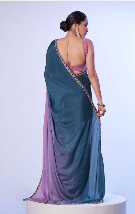 Enchanting Teal Blue Chinon Saree | Contrast Pink Art Silk Blouse with Lace Accents