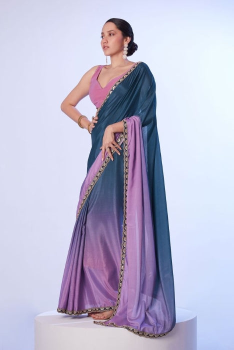 Enchanting Teal Blue Chinon Saree | Contrast Pink Art Silk Blouse with Lace Accents