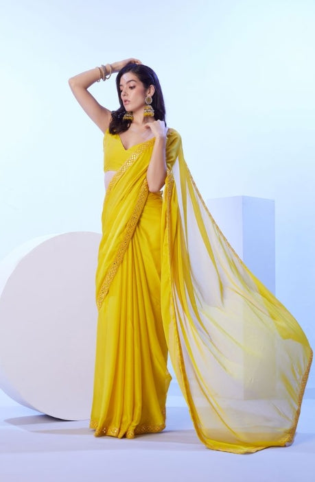 Sunny Yellow Moss Saree | Coordinating Art Silk Blouse with Designer Lace Work