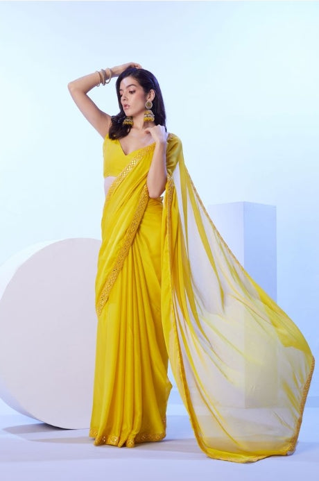 Sunny Yellow Moss Saree | Coordinating Art Silk Blouse with Designer Lace Work