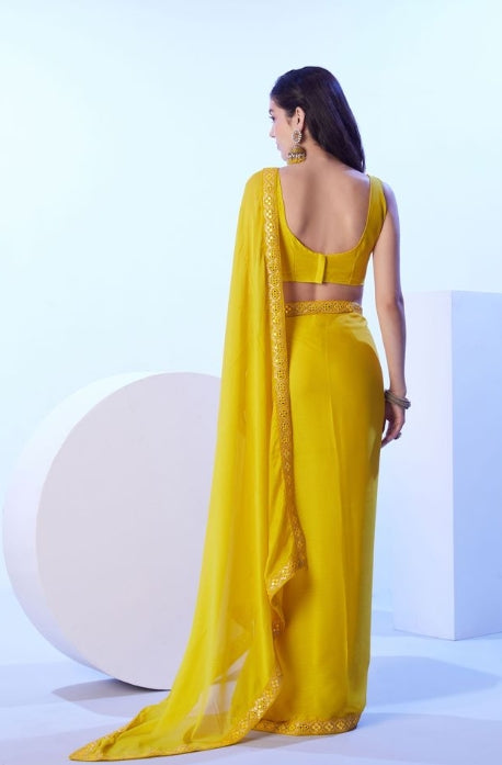 Sunny Yellow Moss Saree | Coordinating Art Silk Blouse with Designer Lace Work