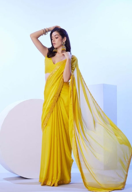 Sunny Yellow Moss Saree | Coordinating Art Silk Blouse with Designer Lace Work
