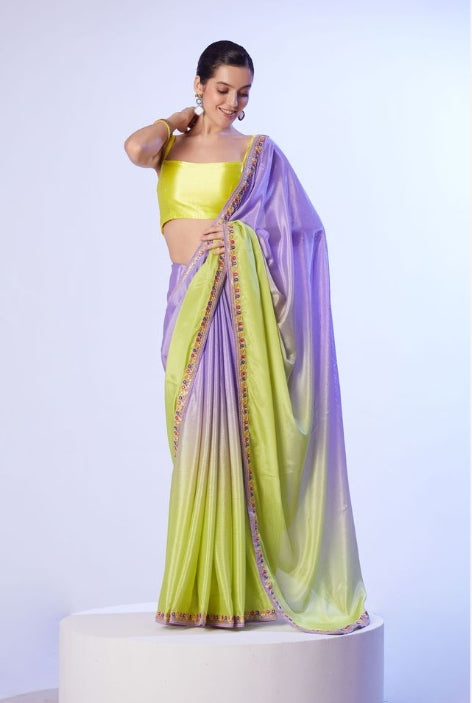 Elegant Lavender Chinon Saree | Art Silk Blouse with Solid Designer & Lace Work