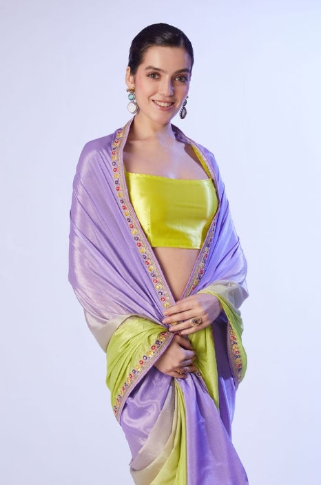 Elegant Lavender Chinon Saree | Art Silk Blouse with Solid Designer & Lace Work