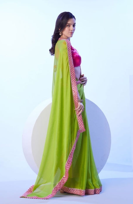 Lush Green Moss Saree | Contrast Pink Art Silk Blouse with Lace Embellishments