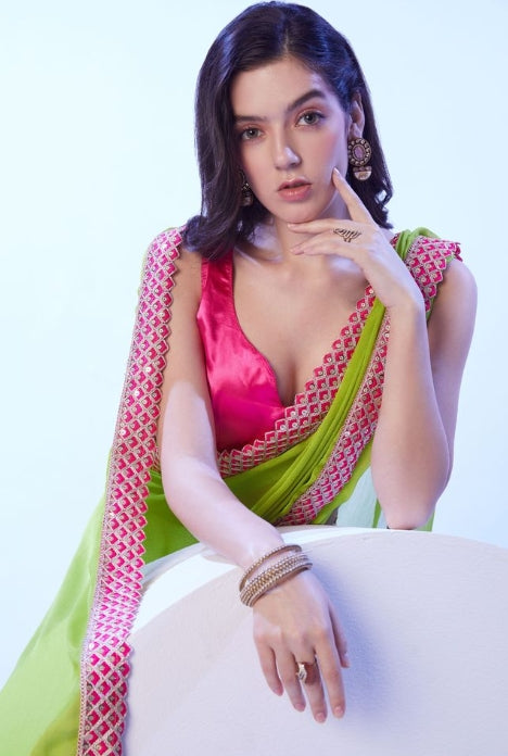 Lush Green Moss Saree | Contrast Pink Art Silk Blouse with Lace Embellishments