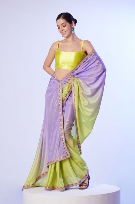 Elegant Lavender Chinon Saree | Art Silk Blouse with Solid Designer & Lace Work