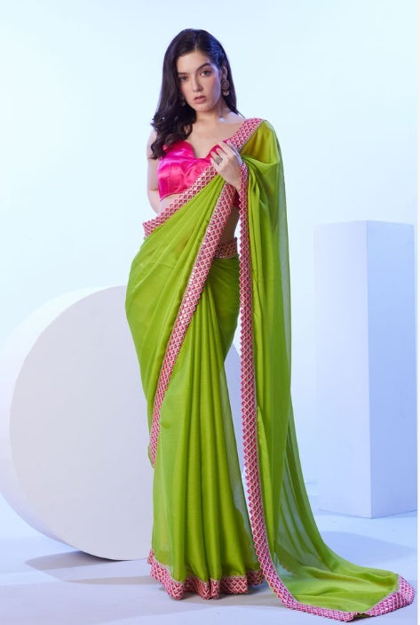 Lush Green Moss Saree | Contrast Pink Art Silk Blouse with Lace Embellishments