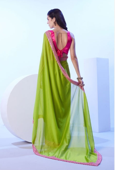 Lush Green Moss Saree | Contrast Pink Art Silk Blouse with Lace Embellishments