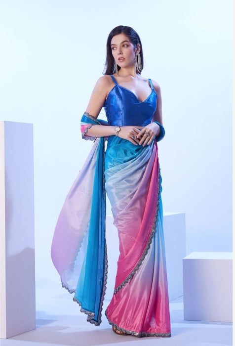 Serene Blue Chinon Saree | Matching Art Silk Blouse with Designer Lace Work