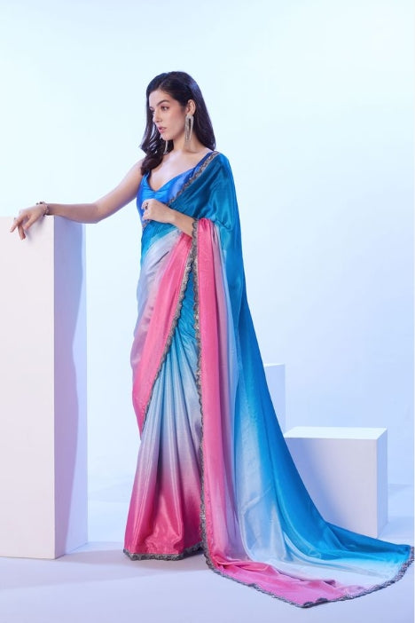 Serene Blue Chinon Saree | Matching Art Silk Blouse with Designer Lace Work