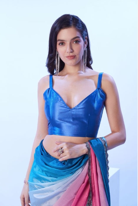 Serene Blue Chinon Saree | Matching Art Silk Blouse with Designer Lace Work