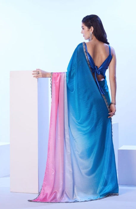 Serene Blue Chinon Saree | Matching Art Silk Blouse with Designer Lace Work