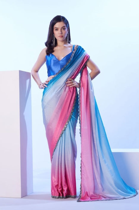 Serene Blue Chinon Saree | Matching Art Silk Blouse with Designer Lace Work