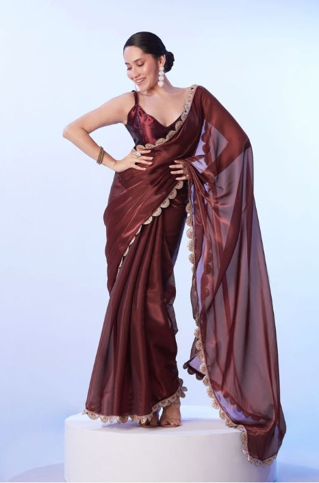 Rich Coffee Brown Satin Saree | Coordinating Art Silk Blouse with Lace Accents