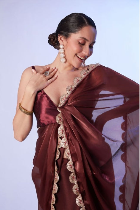 Rich Coffee Brown Satin Saree | Coordinating Art Silk Blouse with Lace Accents