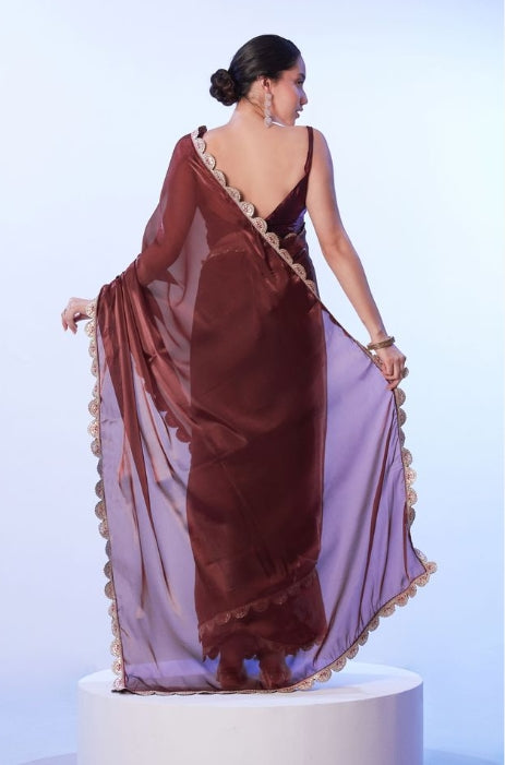 Rich Coffee Brown Satin Saree | Coordinating Art Silk Blouse with Lace Accents