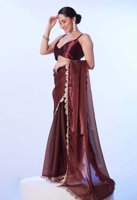 Rich Coffee Brown Satin Saree | Coordinating Art Silk Blouse with Lace Accents