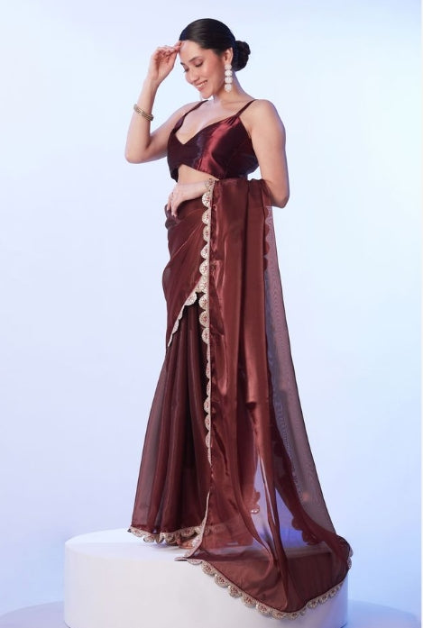 Rich Coffee Brown Satin Saree | Coordinating Art Silk Blouse with Lace Accents