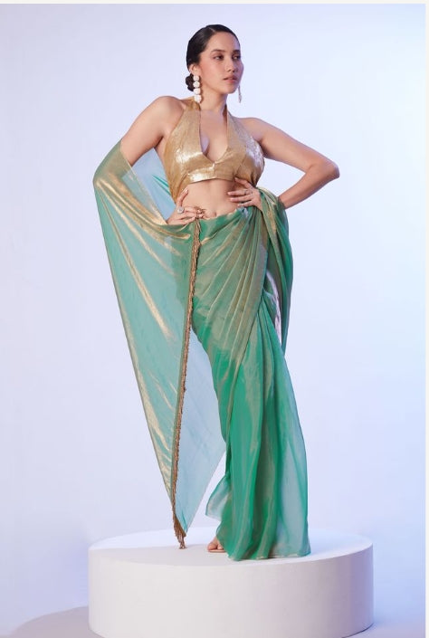 Enchanting Sea Green Satin Gold Organza Saree | Contrast Gold Art Silk Blouse with Lace Work