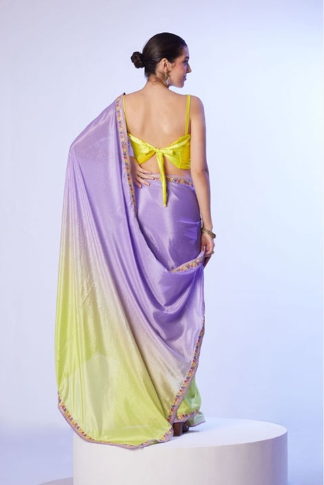 Elegant Lavender Chinon Saree | Art Silk Blouse with Solid Designer & Lace Work