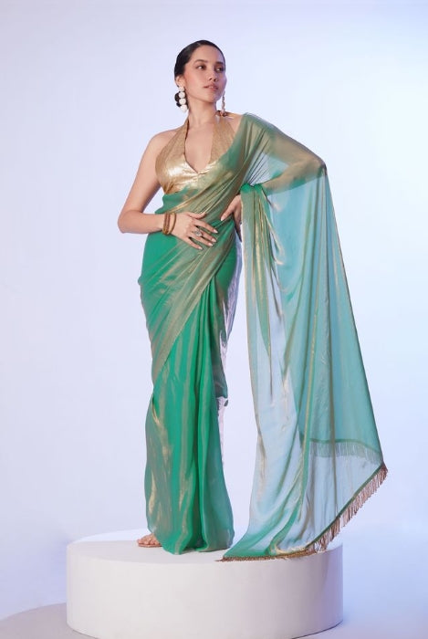 Enchanting Sea Green Satin Gold Organza Saree | Contrast Gold Art Silk Blouse with Lace Work