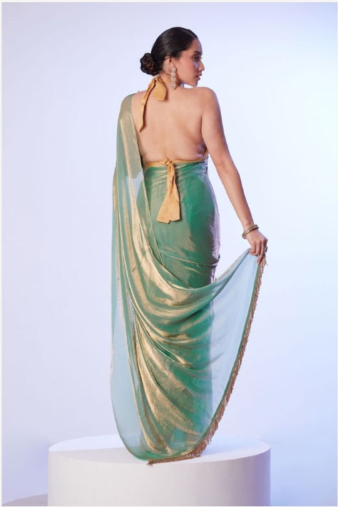 Enchanting Sea Green Satin Gold Organza Saree | Contrast Gold Art Silk Blouse with Lace Work