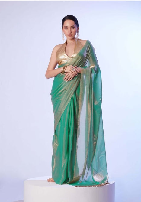 Enchanting Sea Green Satin Gold Organza Saree | Contrast Gold Art Silk Blouse with Lace Work