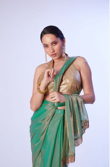 Enchanting Sea Green Satin Gold Organza Saree | Contrast Gold Art Silk Blouse with Lace Work