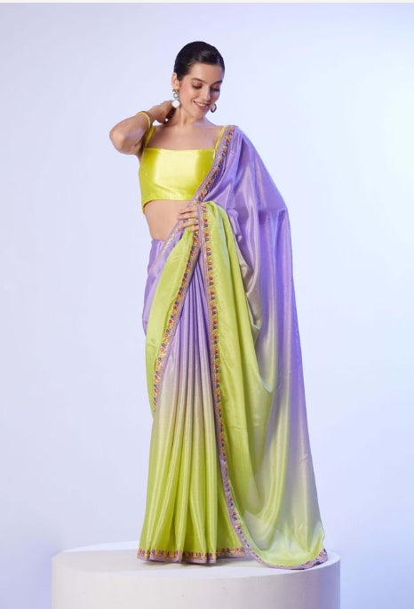 Elegant Lavender Chinon Saree | Art Silk Blouse with Solid Designer & Lace Work