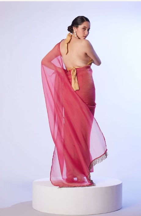 Autumn Rust Satin Gold Organza Saree | Regal Gold Art Silk Blouse with Lace Embellishments