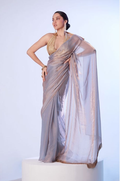 Ethereal Lavender Satin Gold Organza Saree | Opulent Gold Art Silk Blouse with Lace Accents