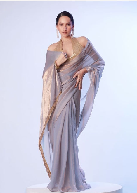 Ethereal Lavender Satin Gold Organza Saree | Opulent Gold Art Silk Blouse with Lace Accents