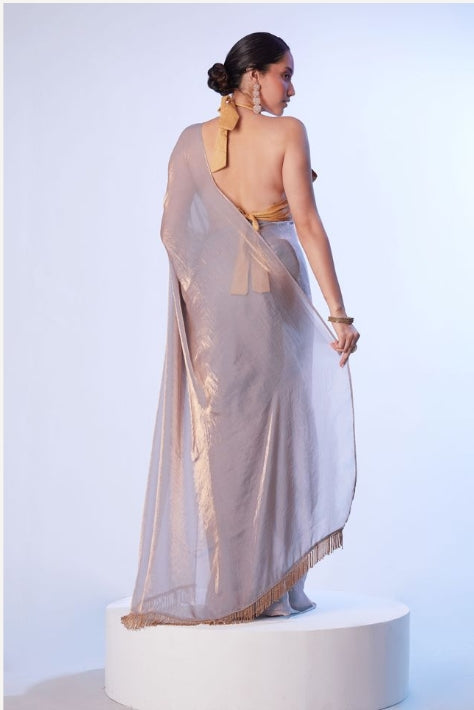 Ethereal Lavender Satin Gold Organza Saree | Opulent Gold Art Silk Blouse with Lace Accents