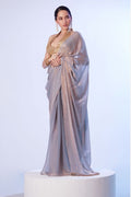 Ethereal Lavender Satin Gold Organza Saree | Opulent Gold Art Silk Blouse with Lace Accents