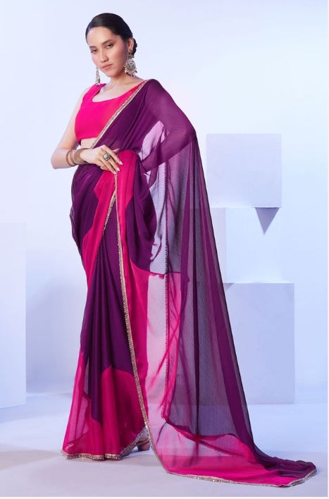 Royal Purple Satin Moss Saree | Vibrant Pink Art Silk Blouse with Lace Embellishments
