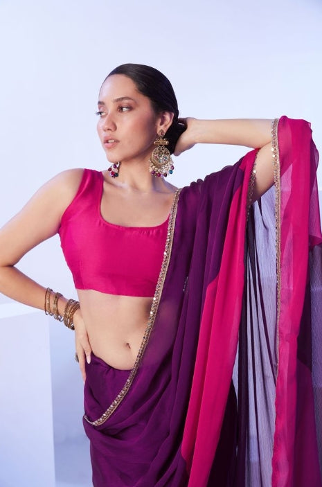 Royal Purple Satin Moss Saree | Vibrant Pink Art Silk Blouse with Lace Embellishments