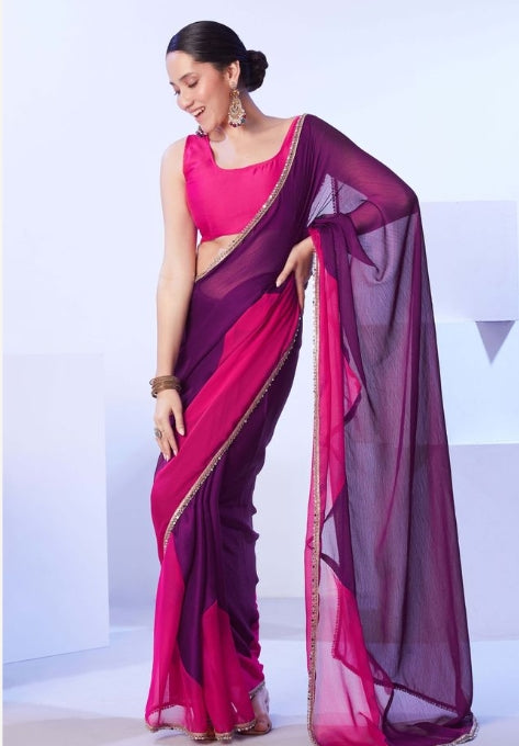 Royal Purple Satin Moss Saree | Vibrant Pink Art Silk Blouse with Lace Embellishments