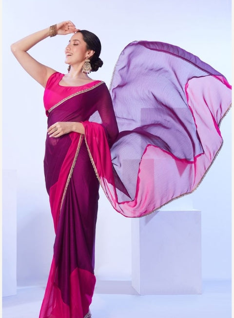 Royal Purple Satin Moss Saree | Vibrant Pink Art Silk Blouse with Lace Embellishments