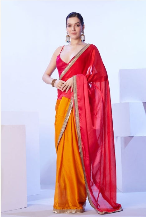Passionate Red Satin Moss Saree | Matching Art Silk Blouse with Designer Lace Work
