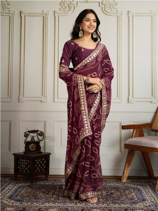Wine Georgette Bandhani Print Party Wear Saree | Embroidered Lace Border & Art Silk Blouse